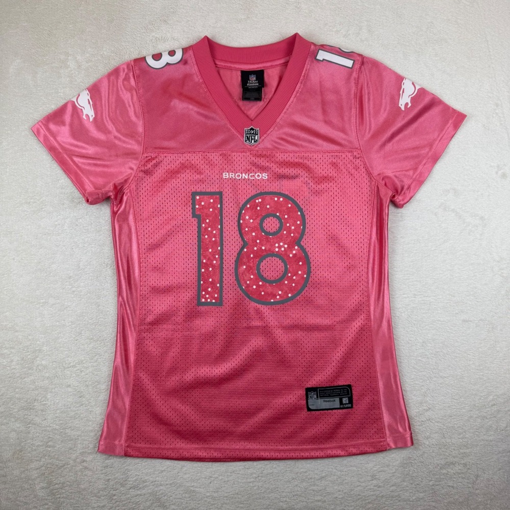 Reebok Peyton Manning Denver Broncos Pink Polka Dot Jersey Womens Large NFL 18